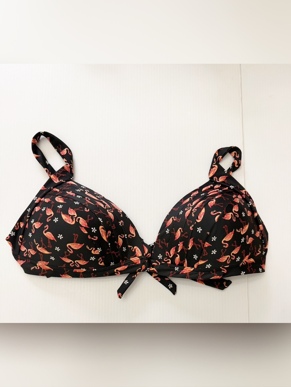 Unique Vintage Swim Black Bikini Top with Coral Flamingo Print - 4XL